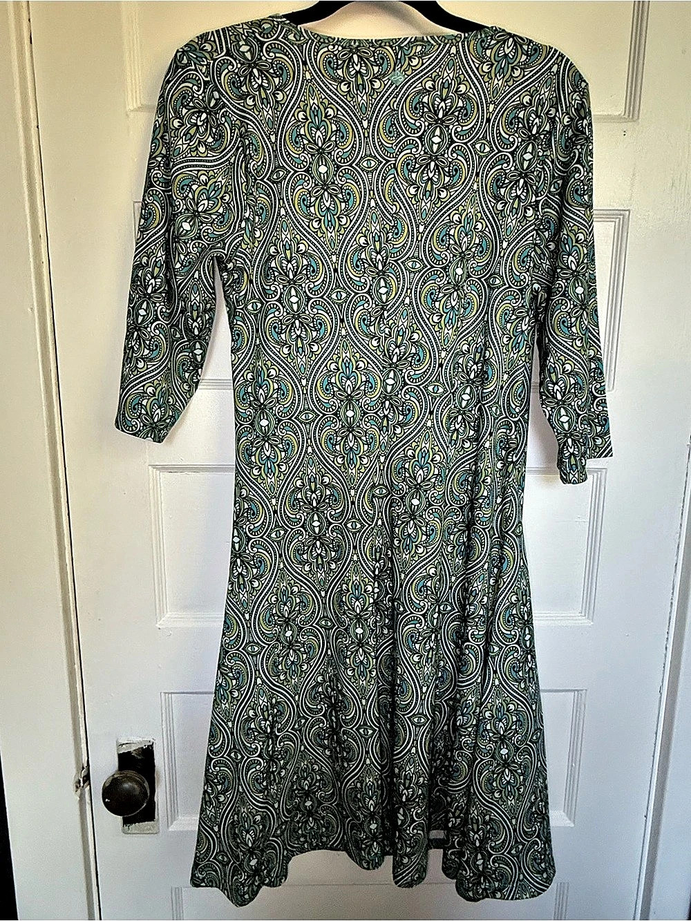 prAna Nadia Veeda V-Neck Faux Wrap 3/4 Sleeve Paisley Midi Dress Green & Blue XL - Picture 10 of 13